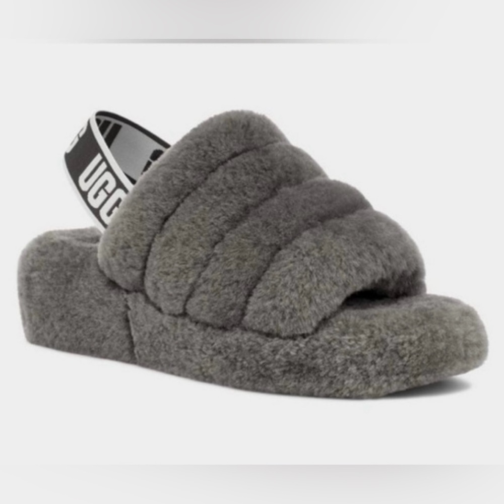 UGG Fluff Yeah Slide Sandals Slippers Charcoal Gray Size 7